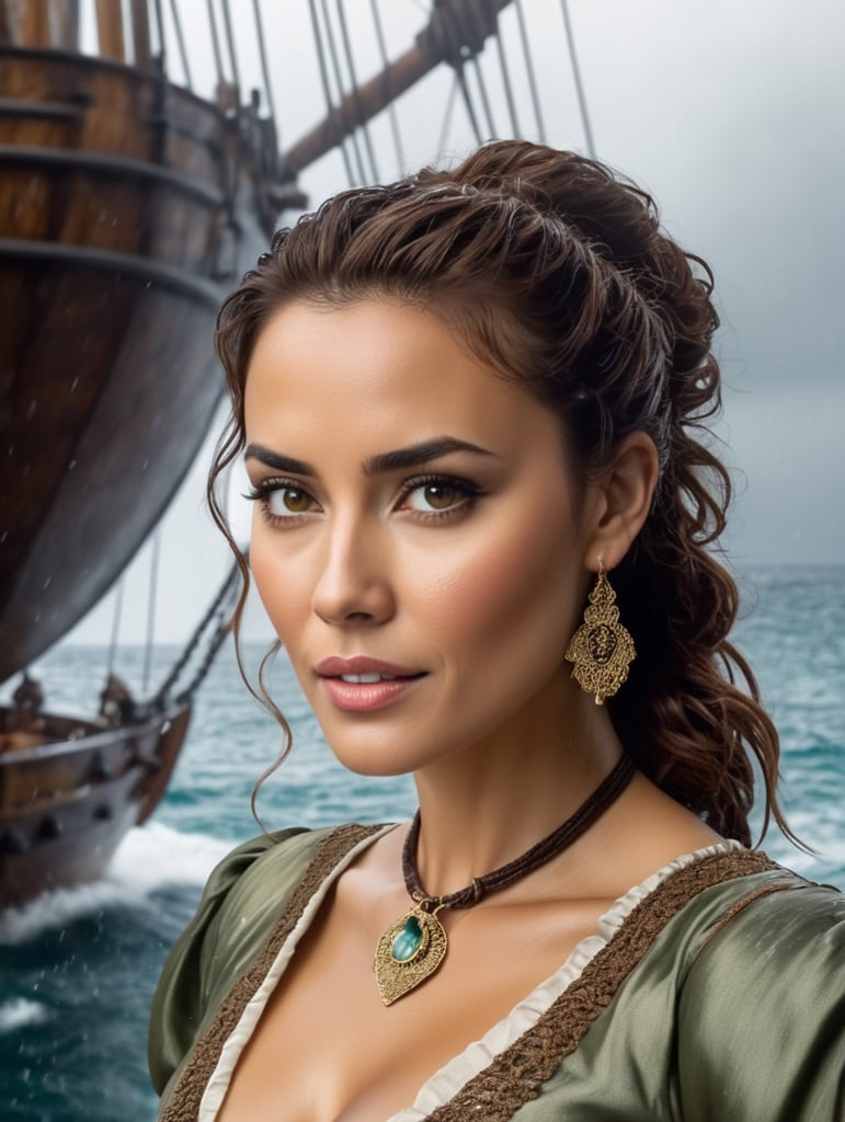 beautiful portugese woman, age 30, wearing silk blouse, deep cleavage, short necklace, brown belt, messy ponytail hairstyle, acting in film pirates carribean, on a 17 century galley at sea, raining, thunderstorm