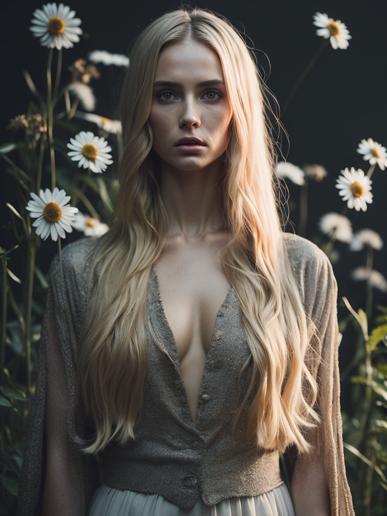 A beautiful woman model with blonde hair. She is standing tall. She is dressed in a long light-colored dress adorned with various delicate and light-colored flowers.
