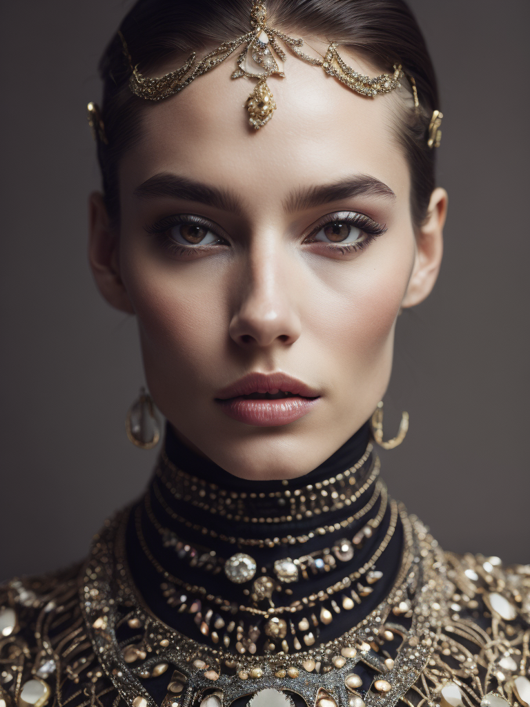 retrofuturistic massive huge jeweled necklace with huge diamonds and jewels on interplanetary interspecies male robot monster, horrific, terrifying, scary, mean. many spirder eyes, huge big jewel encrusted clothing, big pearls, precious gems. The set design is bold geometric patterns photographed by Romina Ressia, film still from wes Anderson, Gucci, Versace, givenchy, medium shot fashion, award winning photography, arty pose, fashion, diaphanous layered ultra haute couture, high definition, high resolution, bold vibrant colors , volumetric lighting, 8k, 3d render