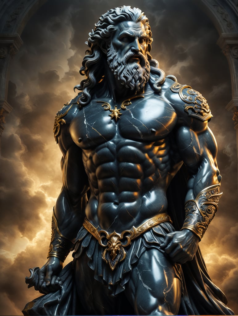 estatua de mármol oscuro zeus escultura detalles nítidos góticas estéticas mitología inspiradoras tonalidades oscuras iluminación dramática mármol obra maestra deidad legendaria impresión etérea