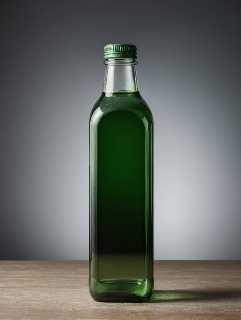 square Green glass bottle with mineral water mockup, no label, isolated, grey background