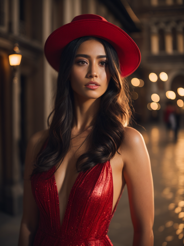 an hyper realistic latin model girl with long black hair, red dress with red borsalino hat stands in san marco's venice with lights on the left side only, full perspective, waist up, at night, backlit lights, cinematic lighting, landscape, 35mm