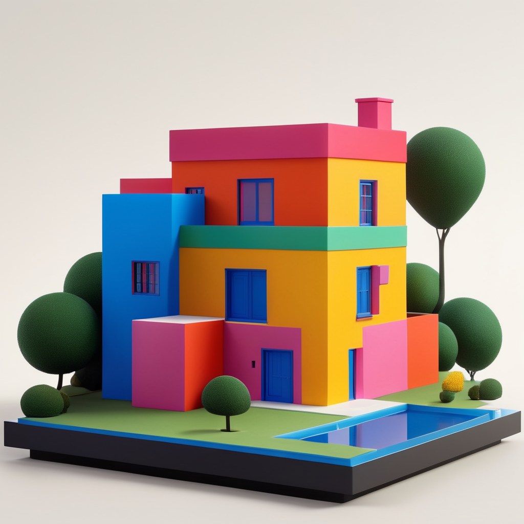 Vinil toy para Niño de 5 años xd una casa inspirada en la arquitectura de Luis Barragán y las pinturas de Escher con colores vibrantes colocado como si fuera una obra de arte contemporáneo. Encapsulado en resina.