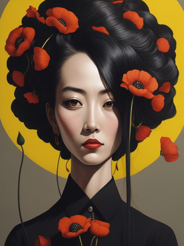 Hiroshi Nagai, ultrafine detailed painting of a woman with a n opium poppy flower in her hair, whimsical, detailed painting