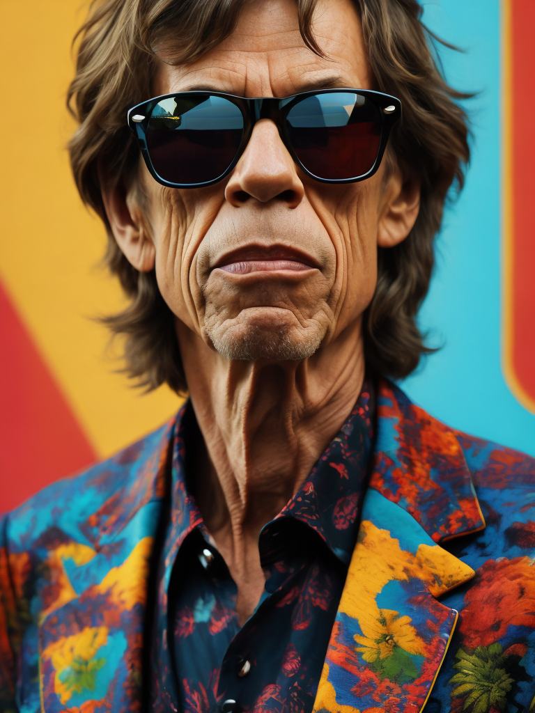 tilt shift photography of Mick Jagger wearing a brightly patterned jacket and wayfarer glasses, Vivid saturated colors, Contrast color