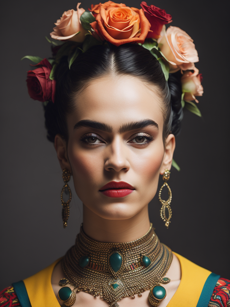 Portrait of Frida kahlo, bright and saturated colors, elegant, highly detailed, vogue, fashion magazine, sharp focus, Bright expressive makeup, Dramatic Lighting, Depth of field, Incredibly high detailed, blurred background