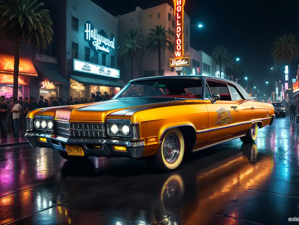 Lowrider car on hollywood boulevard by night