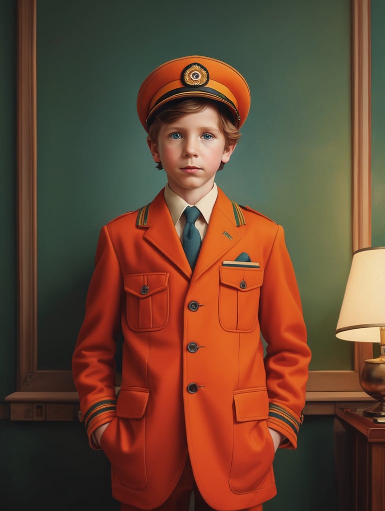 Portrait of child, Wes Anderson style, Incredibly high detail, Bright colors