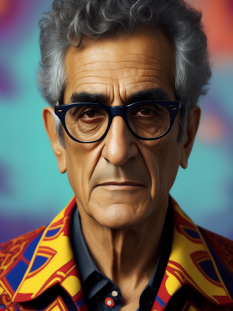 Caetano Veloso wearing a brightly patterned jacket and wayfarer glasses, Vivid saturated colors, Contrast color