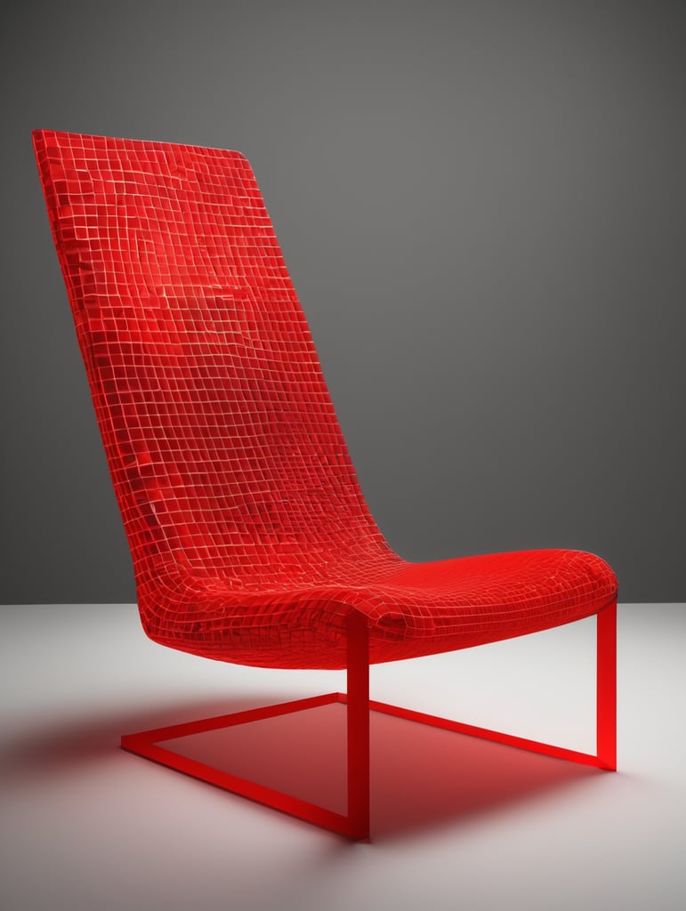 A three-dimensional model of a chair made of a neon-red regular uniform grid of streamlined squares over the entire surface of the body, for the effect of volume and depth on a dark background-there are --no mirror reflections