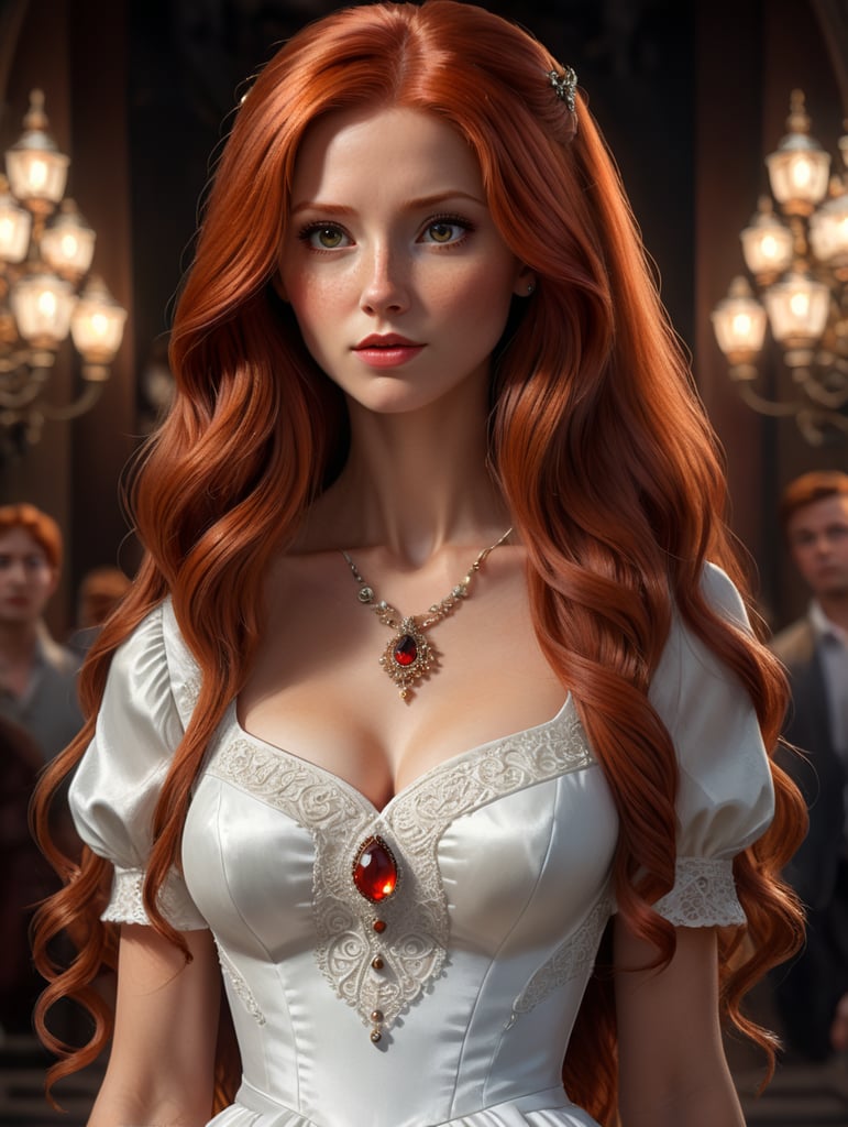 Straight long red haired woman cartoon with brown eyes and white dress with Disney face features