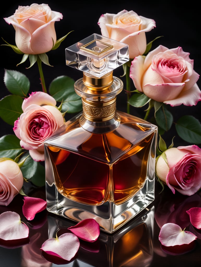 professional photography of a luxury perfume, square bottle, surrounding a rose petals, rose satin scarf on a background, no label, clear, mockup