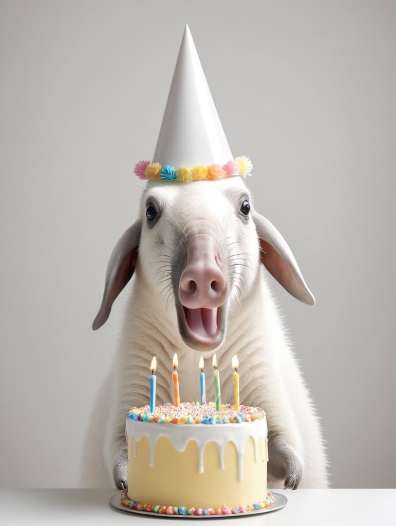 A anteater with a birthday cake and one party hat on its head, hyper realistic