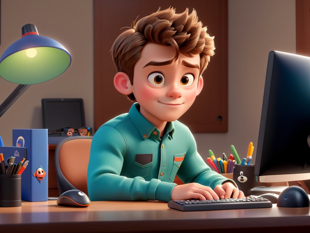 boy disney pixar style, light brown hair, in desk with computer