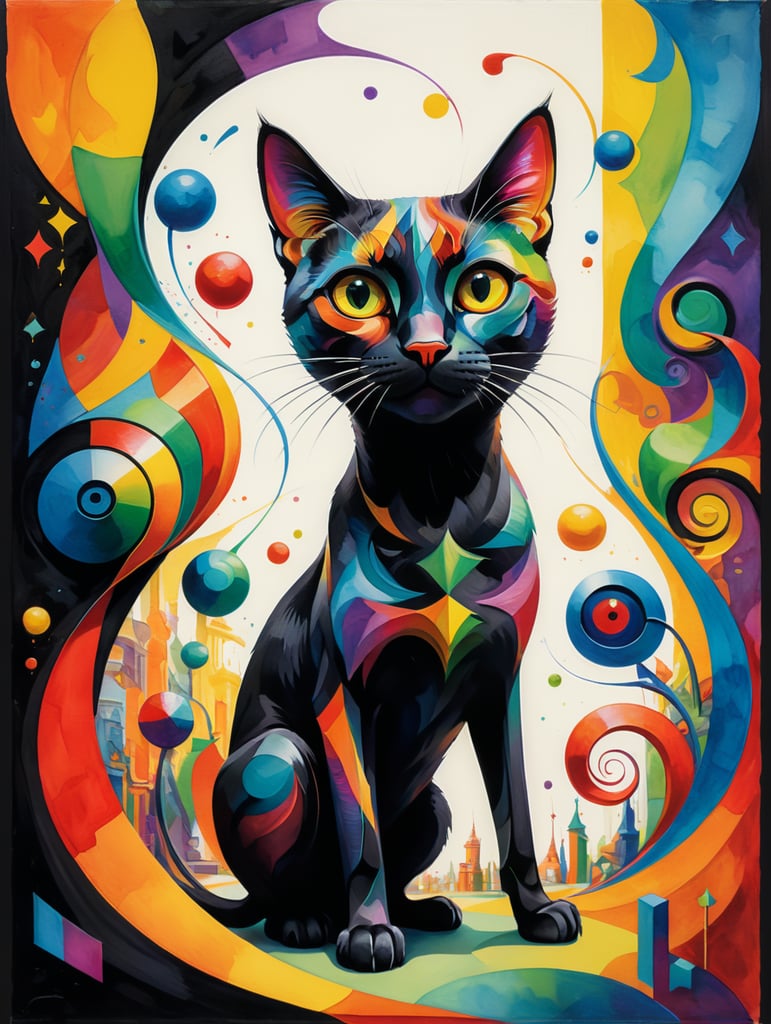 Minimalism background, cubist painting, watercolor, colorful, different shapes, asymmetric, black curved lines, displaced big eyes, one dancing slim tall cat, asymmetric faces, overlapped heads, style of Pablo Picasso. vibrant colors Candyland wonderland gouache swirls detailed