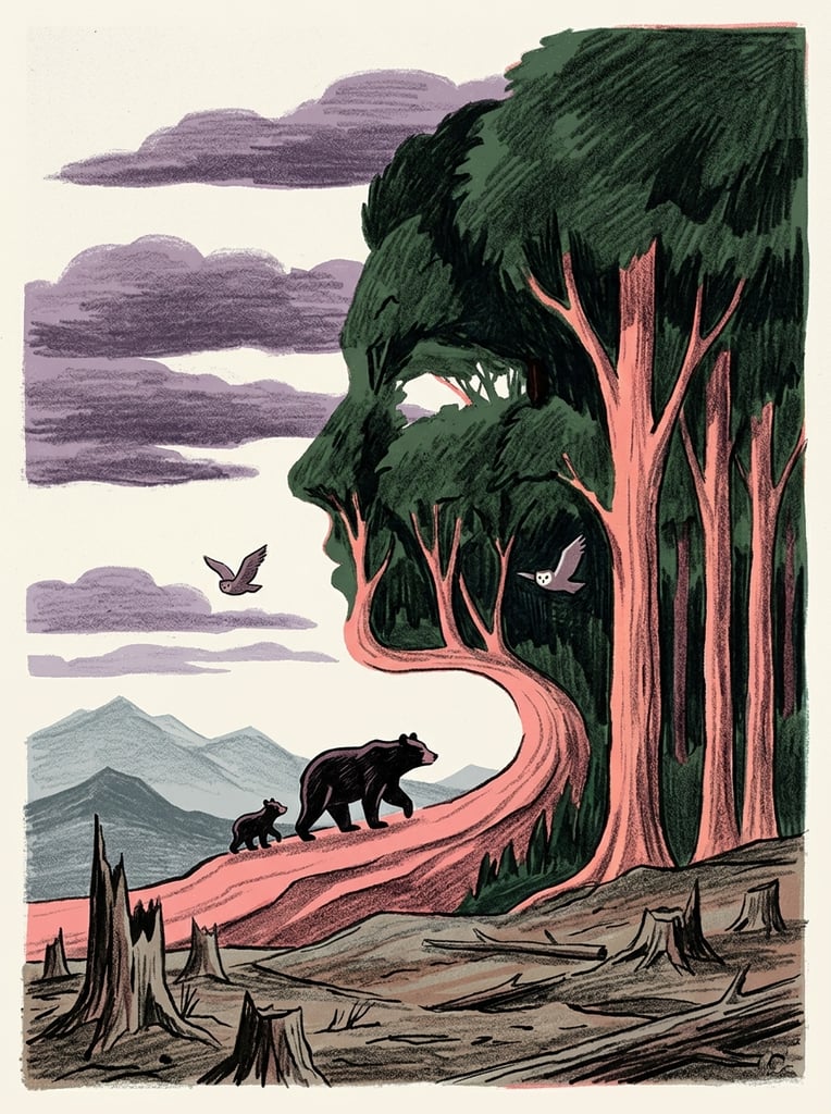 optical illusion landscape, dark green trees with pink trunks forming a human face profile silhouette, adult black bear and cub walking on a pink ridge, two owls flying, barren foreground with jagged tree stumps and logs, layered grey distant mountains, pale sky with thick purple horizontal clouds, vintage mid-century illustration, lithograph texture, colored pencil shading, surreal muted palette, graphic shapes