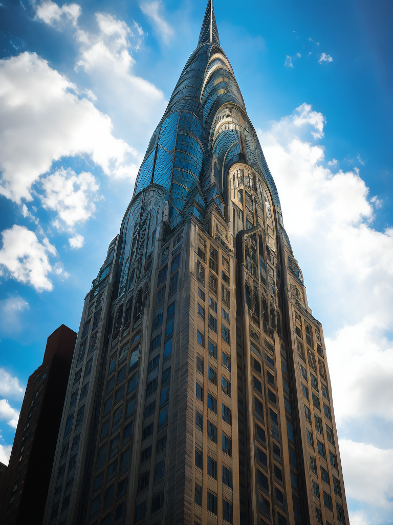 Chrysler Building, New York in the background, Blue sky, Vibrant colors, Deep colors, Contrast lighting, Sunny day, High detail, Sharp details