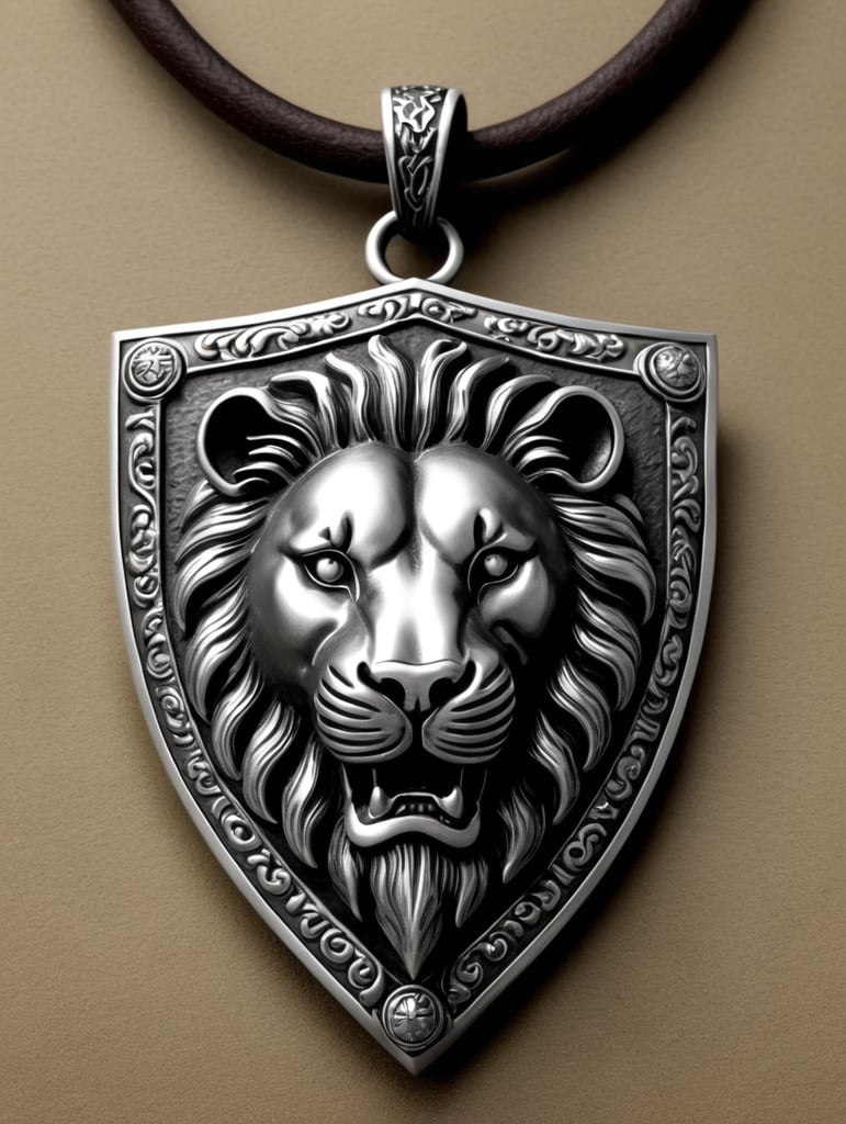 bas relief lion face on a shield-shaped pendant.3d, high-definition. oxidized silver. one color only