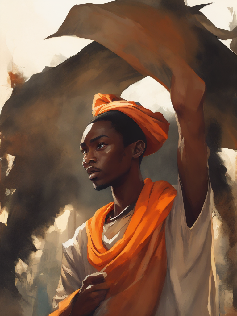 Create a full-body manga drawing of a young African character donning modernized traditional clothing, stretching their arms in a morning routine.