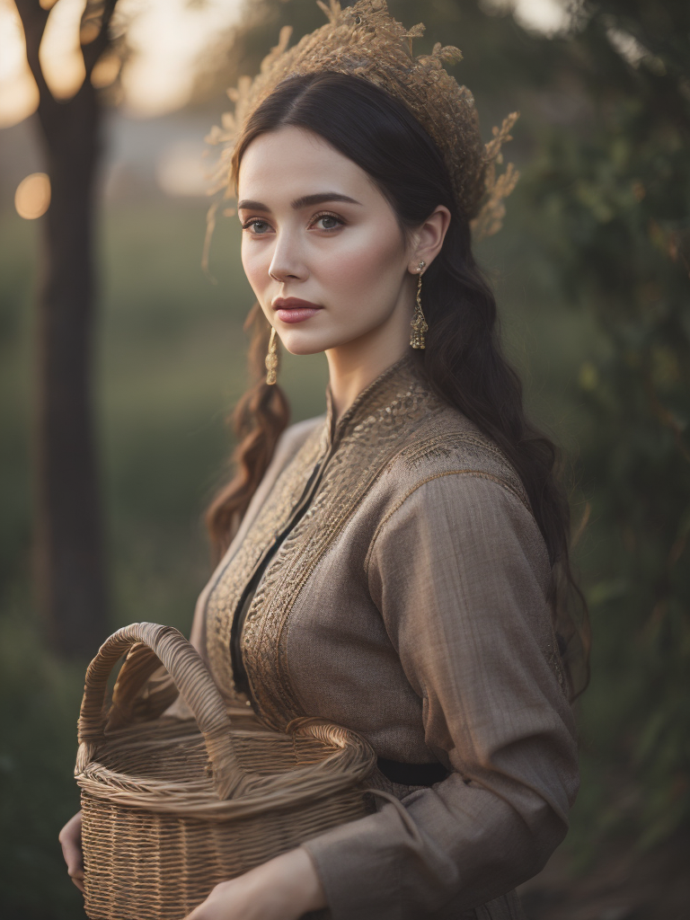 Portrait of a Beautiful women from Russian fairy tale wearing traditional costume holds wicker basket