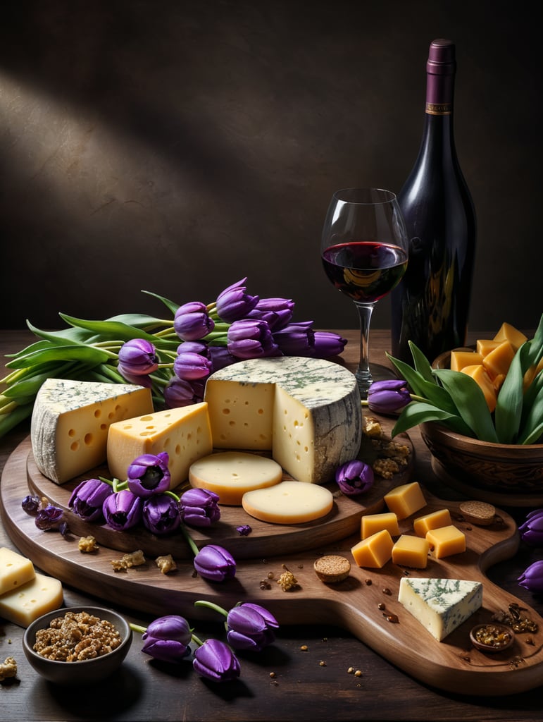 cheese board and purple tulips