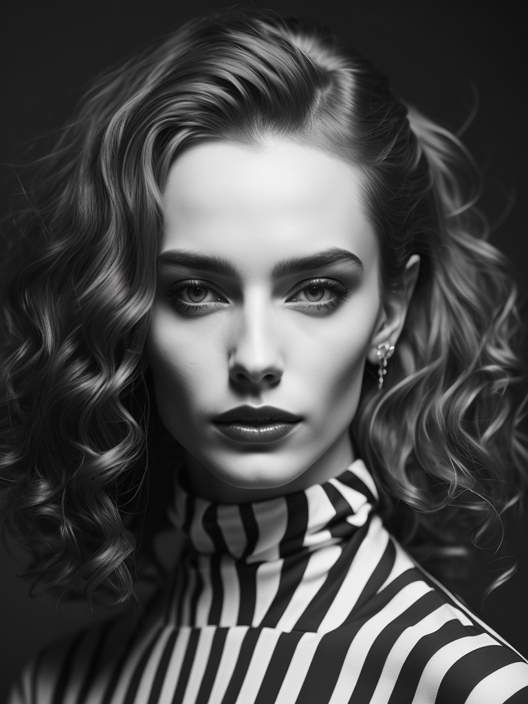 Pale-skinned girl model, wearing a black and white striped dress with a high collar, contrast lighting, Bright red make-up, Black and white curly long hair, dark background, fashion model, magazine cover, professional shot,