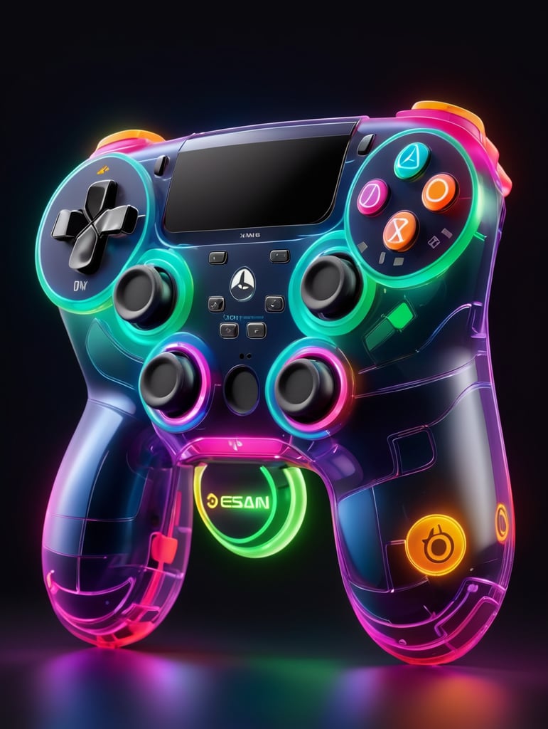 Design a futuristic, neon-colored gaming controller in the style of a playstation controller, glowing neon, semitransparent, deep vibrant colors, high details