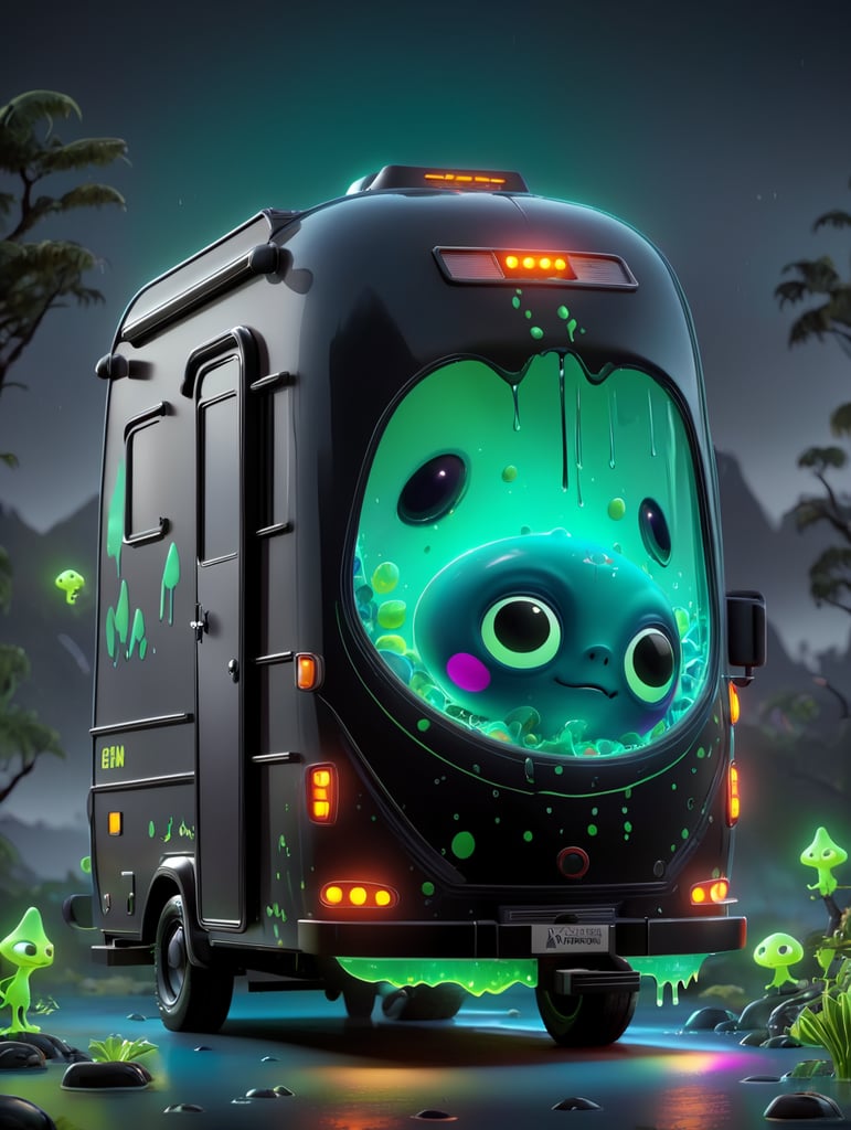 Alien camping trailer made of black alien liquid, translucent with neon lights, liquid dripping from the trailer, dark atmosphere