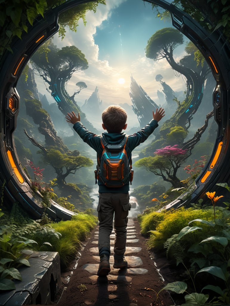 backside of a child reaching out to nature with futuristic color scheme, 4k photographic image