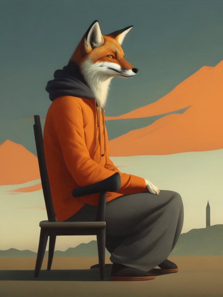 a human fox sitting on a chair looking to the horizon, illustration, painting, china, style of Liu Ye