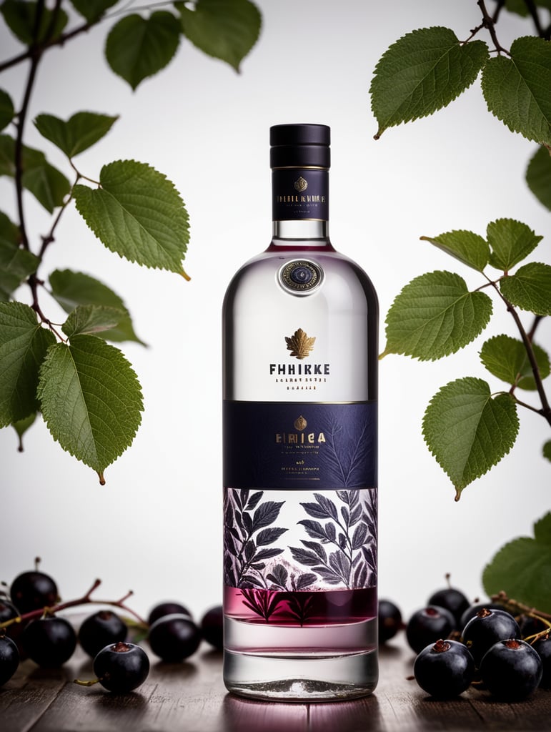 Packaging and branding for a vodka brand as if it had been designed by HI ESTUDIO with In a set design with bricks, black currant and dry leaves.