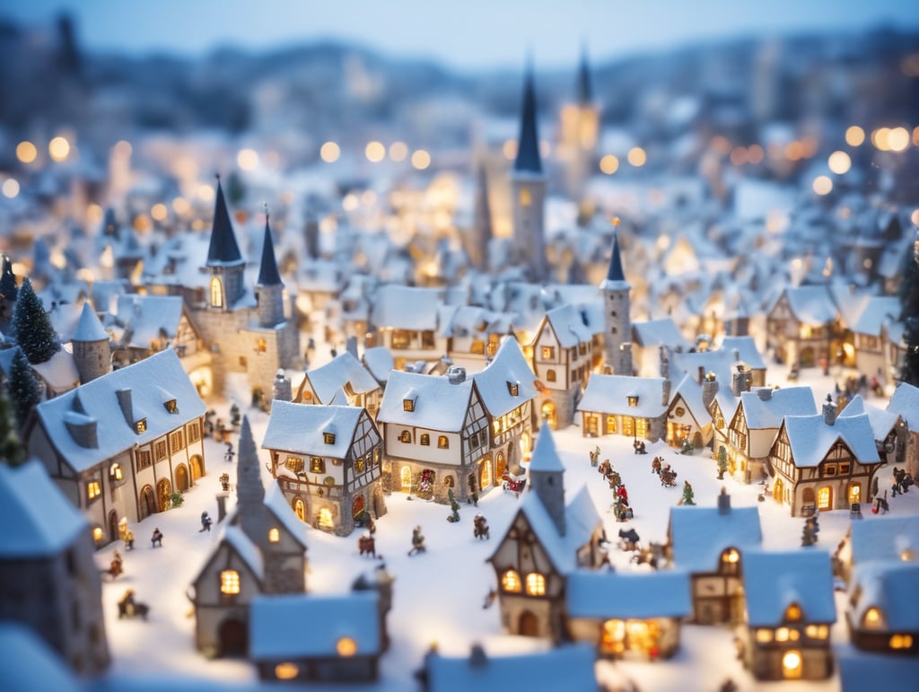 tilt shift photography of a Christmas medieval fantasy miniature city, depth of view, sunny, at night, snowy weather