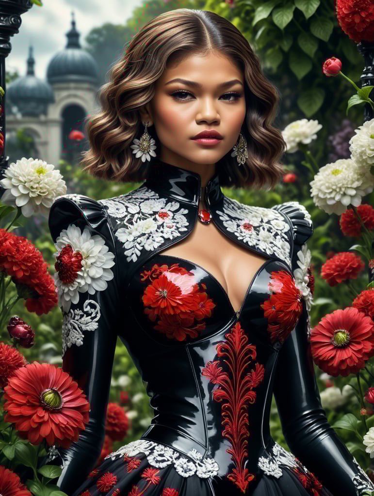 Zendaya with Dior poison perfume covered in a floral garden of red and black and white flowers
