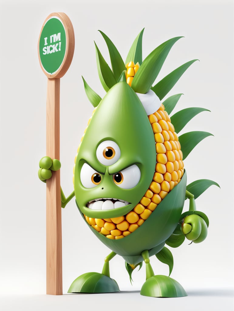 a realistic angry Genetically modified corn holding a sign "I'm sick!", WHITE background