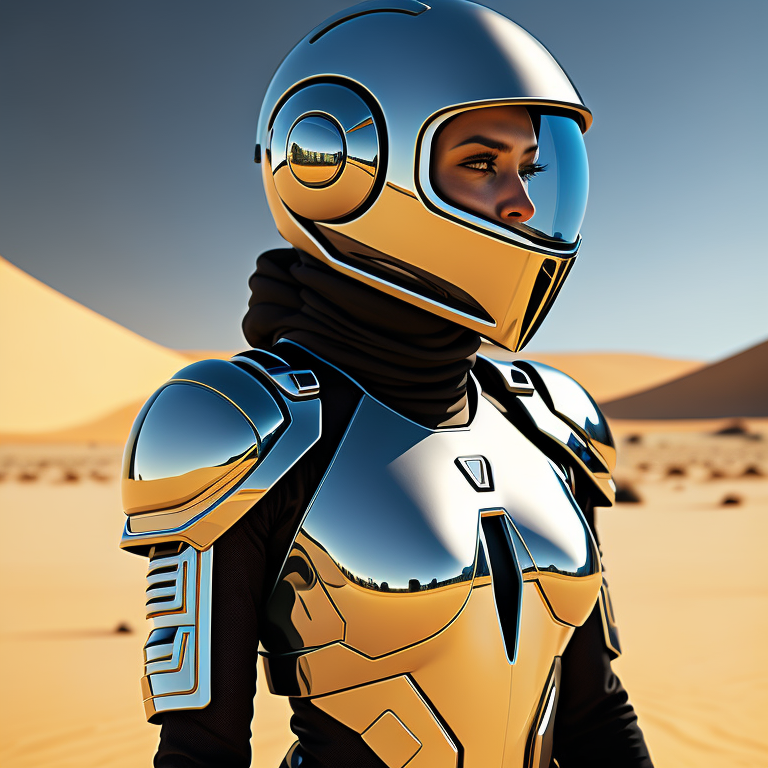 Cyber girl wearing chrome helmet, shining reflections, walking in the desert, photorealistic, hyperdetailed, dune atmosphere