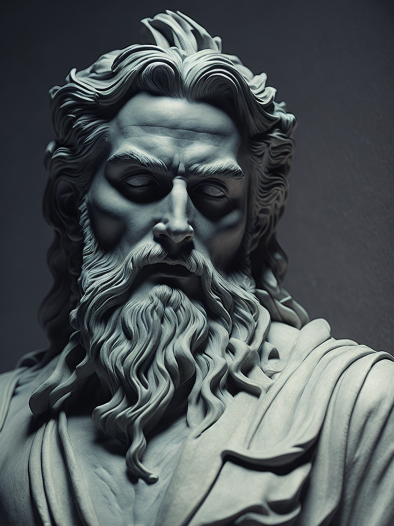 dark marble statue of zeus, dark atmosphere, sharp on details, tee shirt white