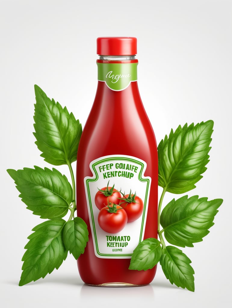 tomato ketchup bottle, red tomato with green leaves, isolated, white background