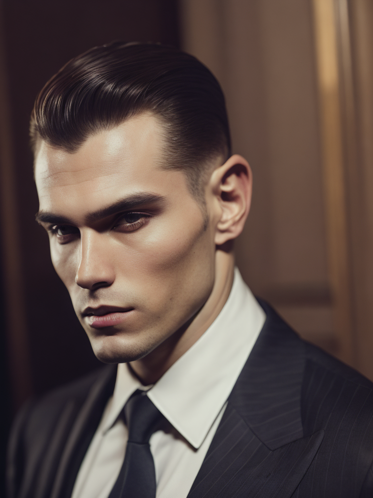 Portrait of a mafia boss in formal suit, Thick build, Hair slicked back, Aggressive look, Against a vintage interior, Subdued tones, Deep colors, contrasting light,