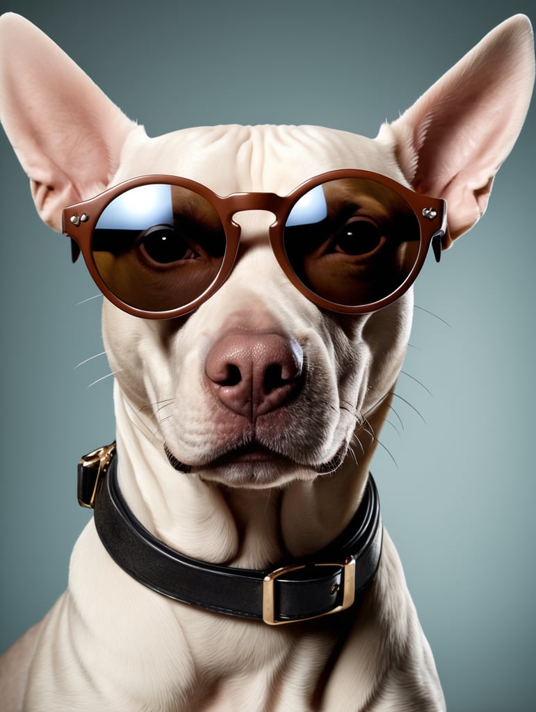 Portrait of a hairless dog wearing round sunglasses with thick thick frames, gray-brown skin, a few hairs on the head, professional photo, plain background, contrasting light, bright colors, detailed clear photo