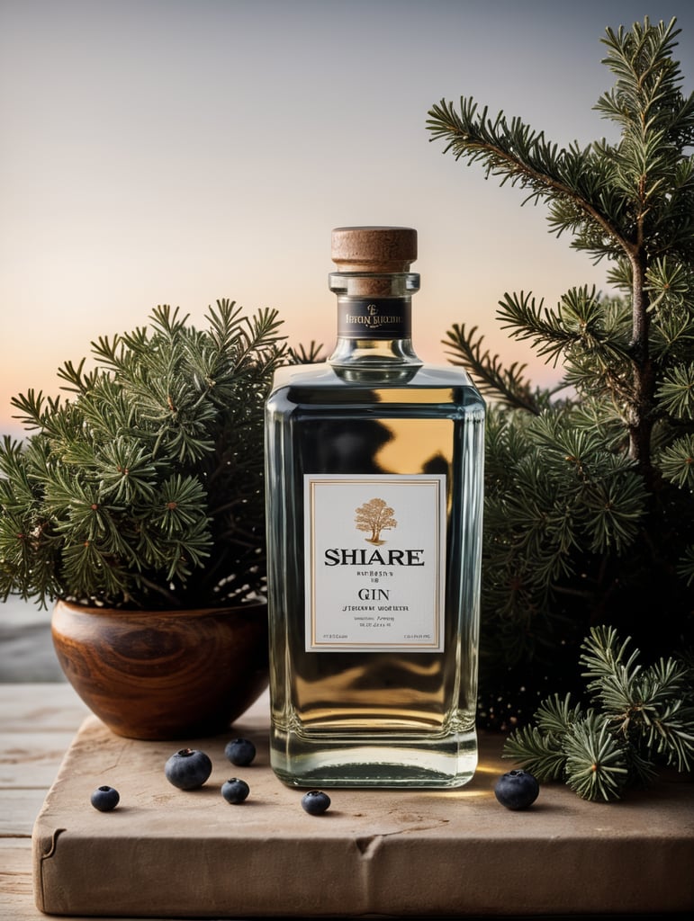 professional photography of a square gin bottle, square bottle, surrounding a juniper and juniper berries, one shot of gin in a front, no label, clear, mockup