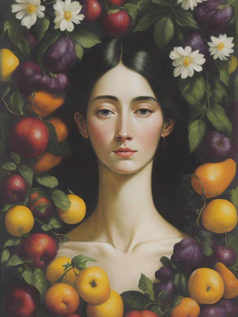 a painting of a woman's head surrounded by flowers and fruit