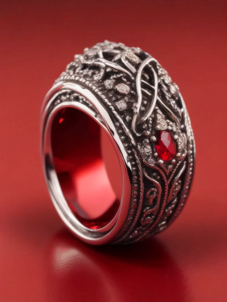 Royal silver ring with ruby, fantasy style, bright red background, rich colors, contrasting light, deep colors, high details