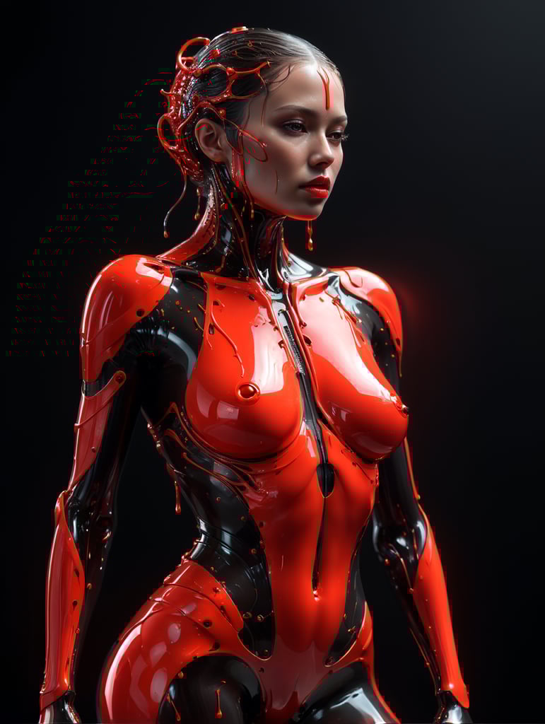 smooth female figure in neon reds, reflection on body, in the style of ray tracing, dripping, grotesque beauty, rendered in cinema4d, mystical, black background, abstract, minimalism