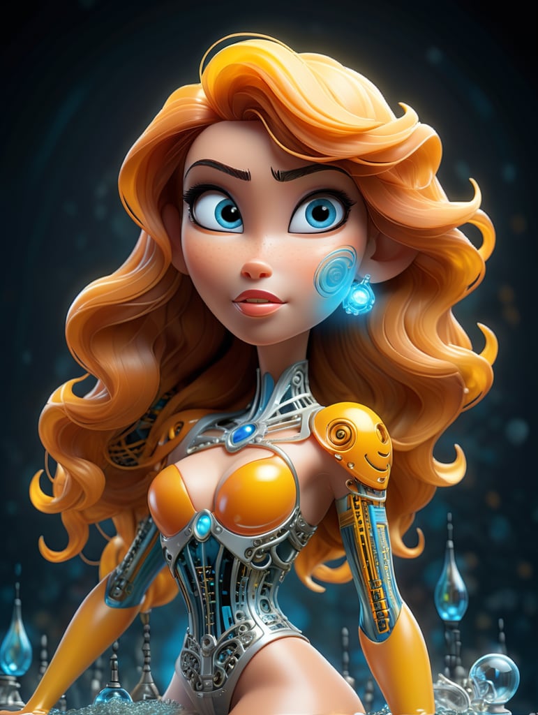 translucent women in biomechanical body, liquid cooling, intricate circuits, beautiful, elegant, white gradient with orang, yellow and golden smoke and blue crystal liquid, stunning, render, hyper realistic, octane render