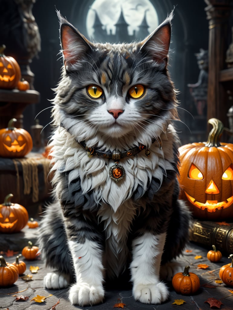a cat named knopa gray wool, white paws, Halloween theme