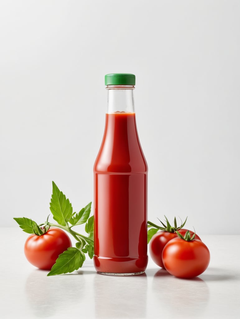 tomato ketchup bottle, red tomato with green leaves, isolated, white background