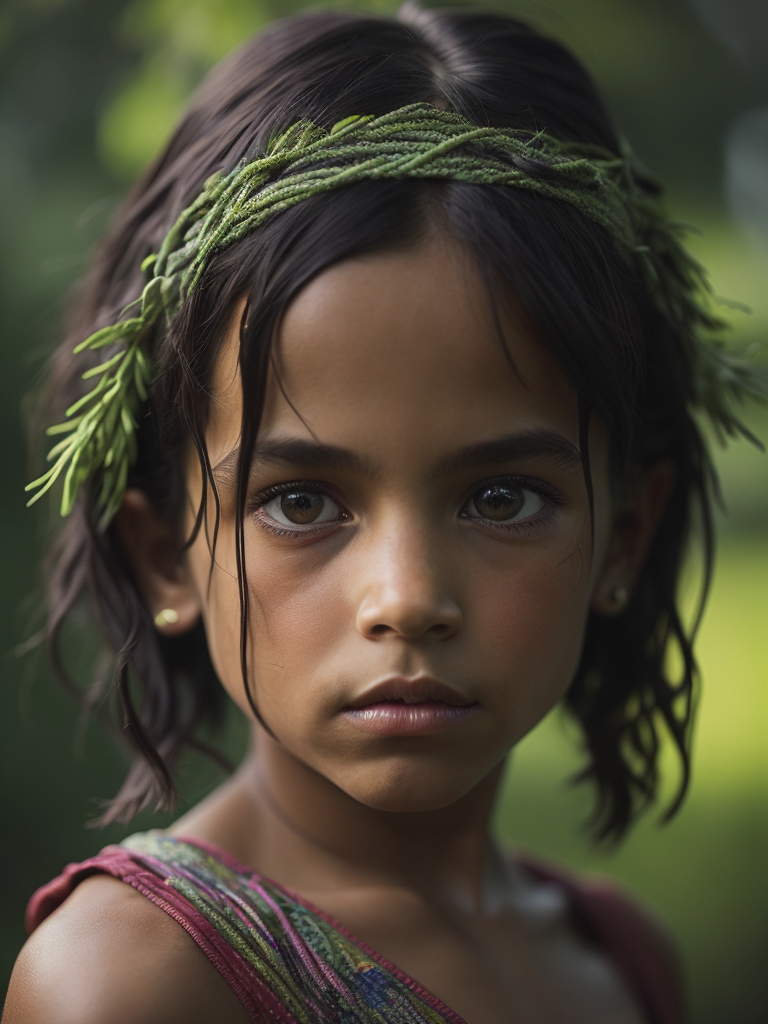 Portrait of an Brazilian amazon child, high definition, photography, cinematic, detailed character portrait, detailed and intricate environment