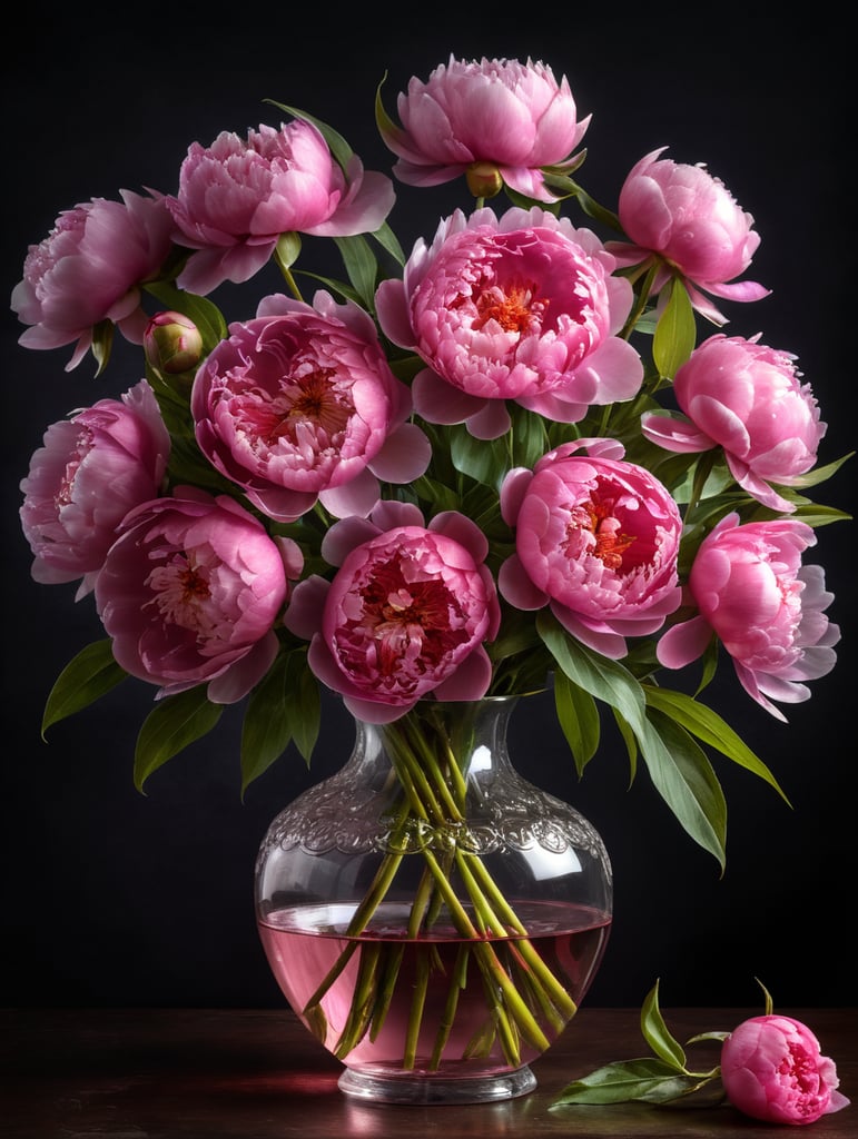 Round transparent glass vase with big bouquet of pink peonies, dark gradient background, sharp focus