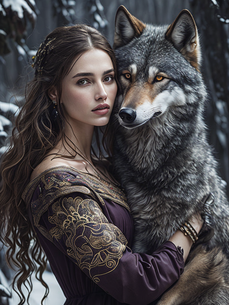 Portrait of a Beautiful women from Russian fairytale wearing traditional costume hugging a wolf