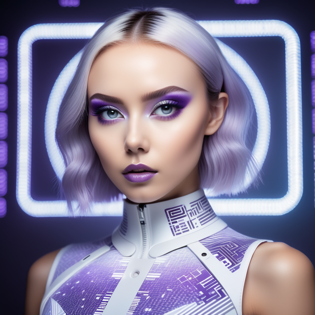 Fashion photography, pitch white slate grey lilac, full body view, minimalism, smoked eye shadow, illuminated white qr code pattern, luminous eyes, opposing pattern background, vibrant color, misty aether cyberpunk clothing, close up view of head, fluctuating depth of field, ethereal lighting, backlighting, holga medium format camera, 4k, super realistic, cyber